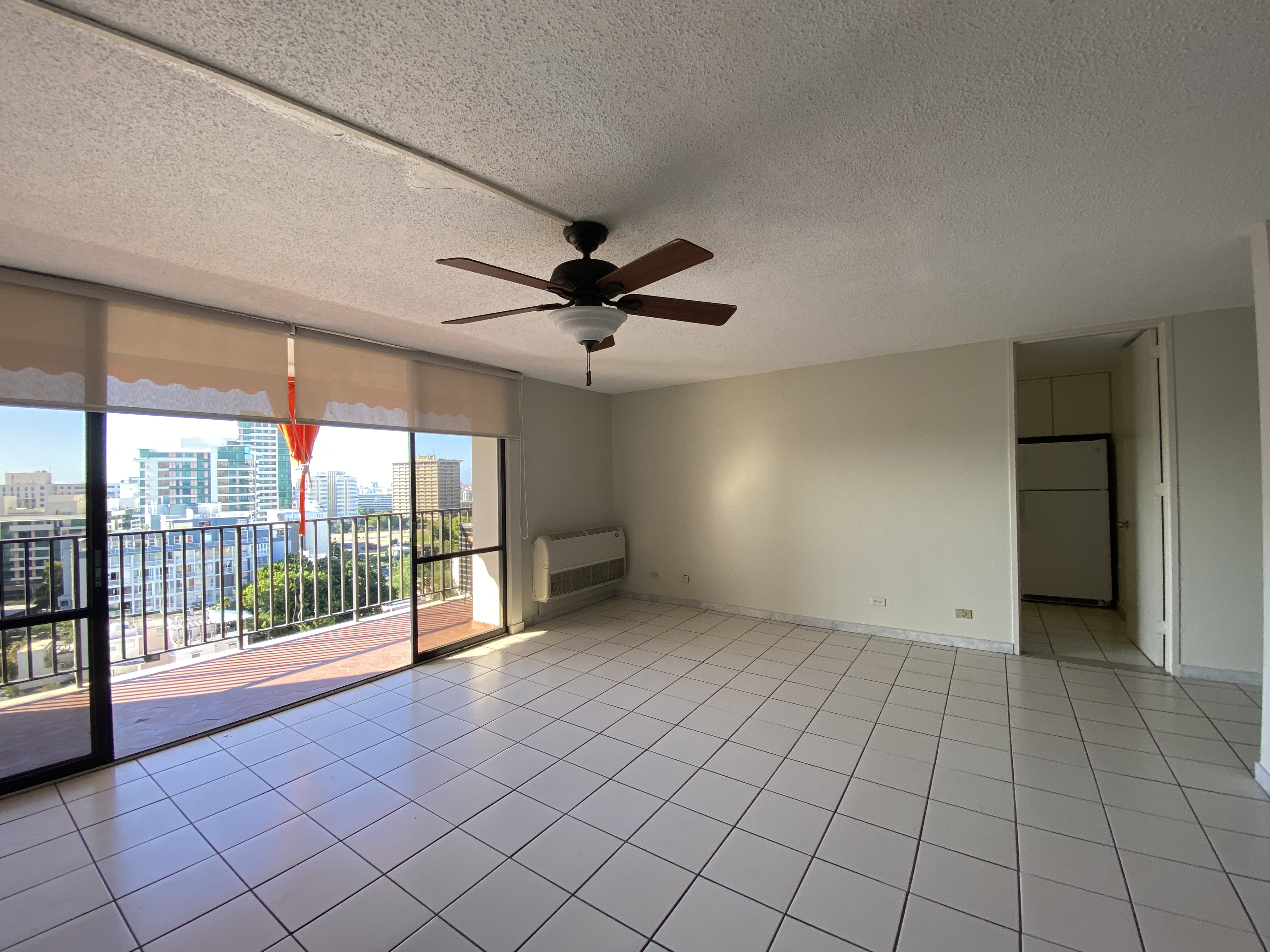 Living room w/ balcony and kitchen entrance